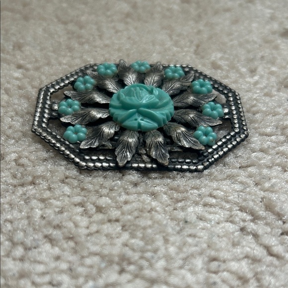 Vtg Victorian Revival Aqua Flower Brooch Silver Tone Turquoise Rose Pin Boho - Picture 3 of 5